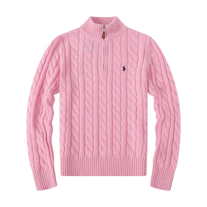 Maglioni in Cotone Con Mezza Zip e Maglia a Cavo