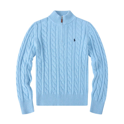 Maglioni in Cotone Con Mezza Zip e Maglia a Cavo